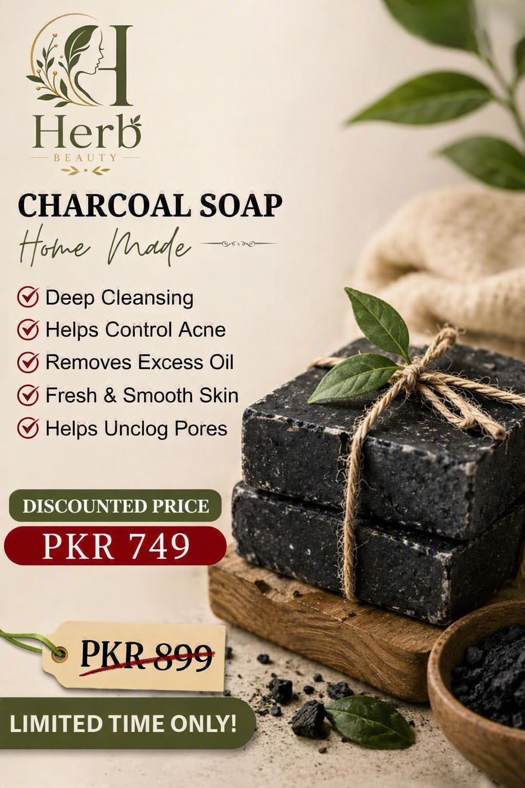 Herb Beauty Charcoal Soap – Home Made | Deep Cleansing & Acne Control